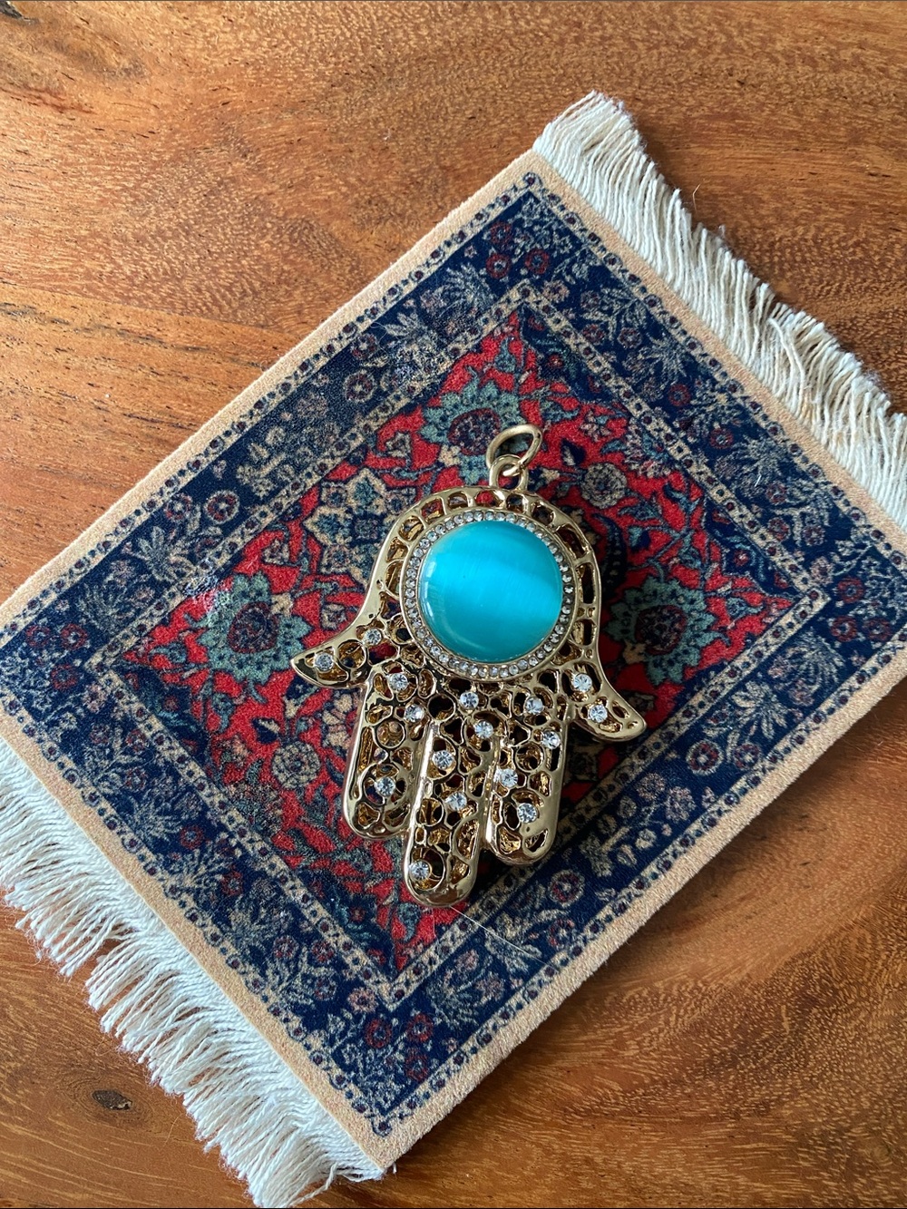Gold Hamsa Hand Pendant/Purse Charm with Turquoise Colour Enamel.